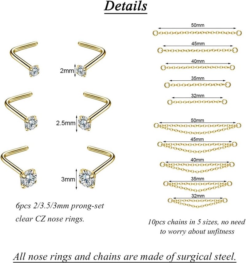 PunkTracker Nose Rings 20G - 2mm, 2.5mm, 3mm CZ Studs with Chain - Surgical Steel Nose Piercing Jewelry - Image 2